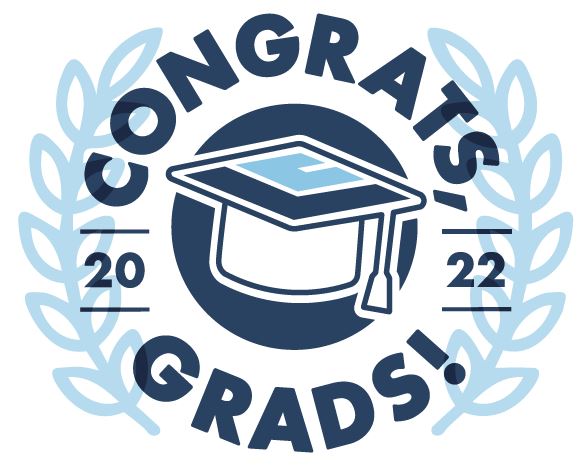 Image of an abstract laurel leaf in blue encircling a graduation cap. Congrats, Grads 2022!